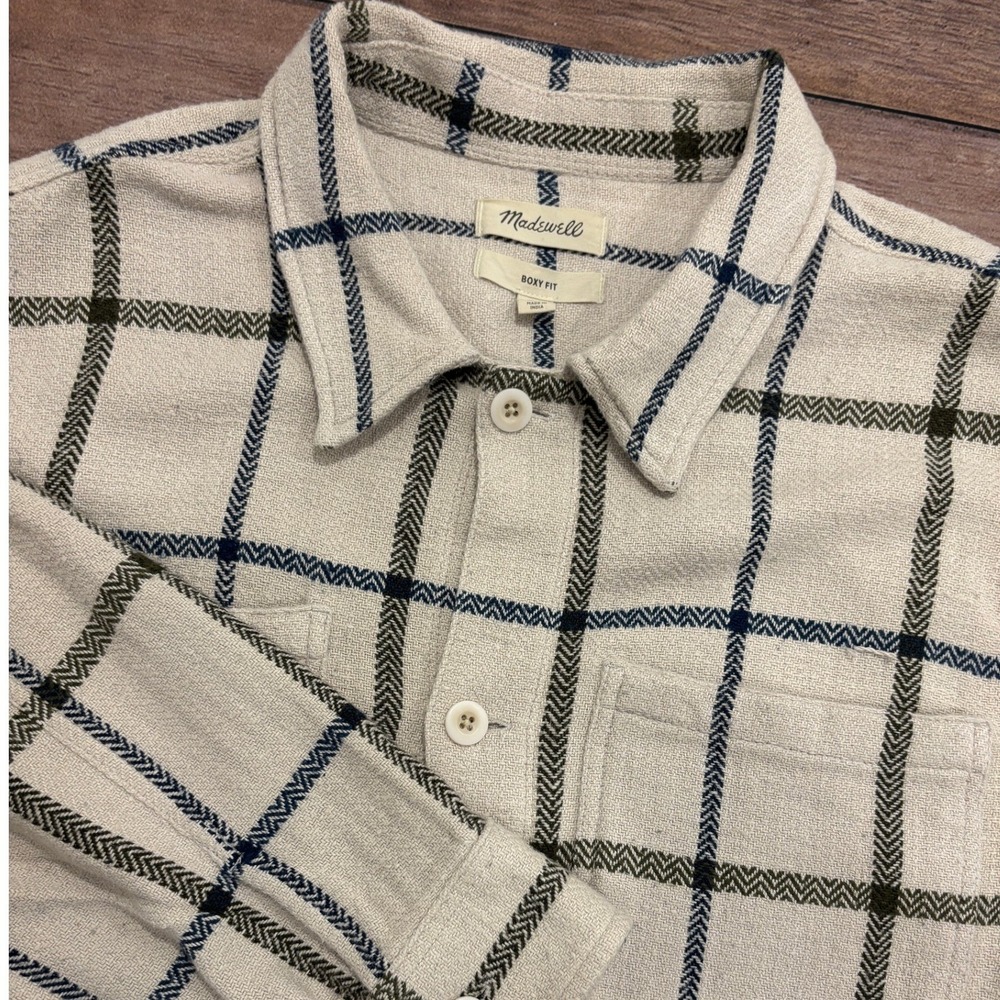 Madewell Mens XL Boxy Fit Cotton Herringbone Plaid Button Down Shirt Cream Navy
